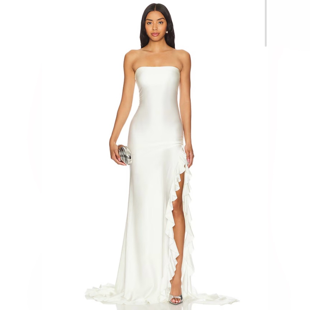 Strapless White Ruffle-Slit Evening Gown